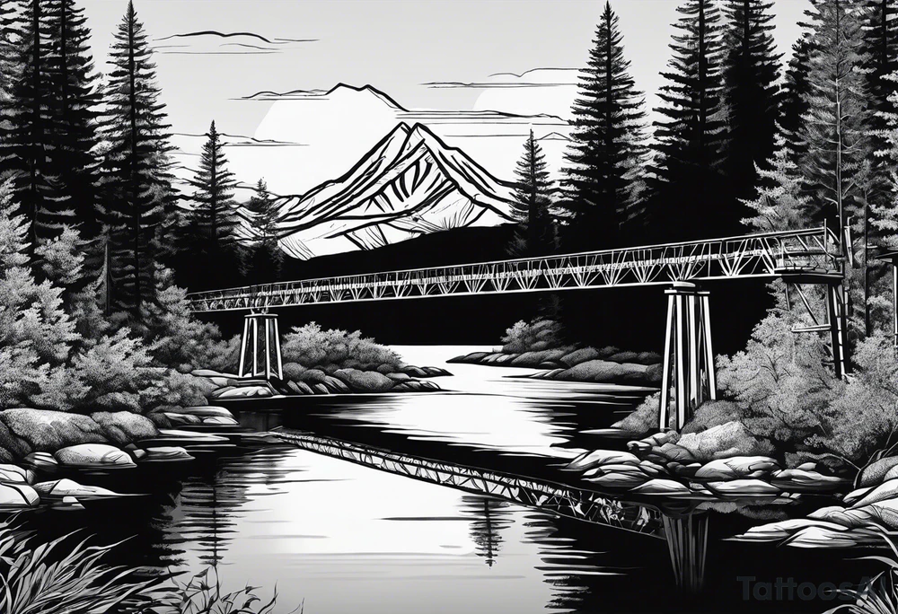 steel truss cantilever bridge over river, mountains, sky, trees, pacific northwesdt tattoo idea