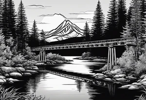 steel truss cantilever bridge over river, mountains, sky, trees, pacific northwesdt tattoo idea