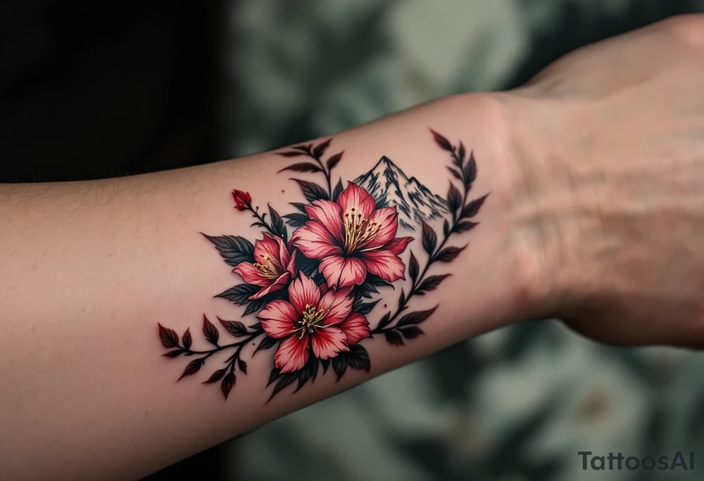 wrap around entire wrist red  and black rhododendron trippy with Himalayas behind tattoo idea