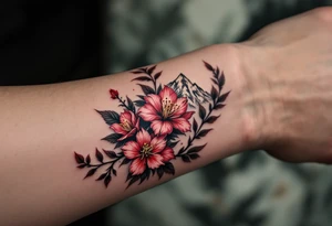 wrap around entire wrist red  and black rhododendron trippy with Himalayas behind tattoo idea