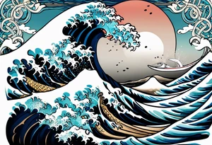 japanese wave mixed in celtic patterns equally. surfer tattoo idea