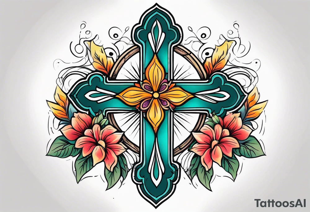 plain cross surrounded 
 with flowers and twisted around cross
 colorful tattoo idea