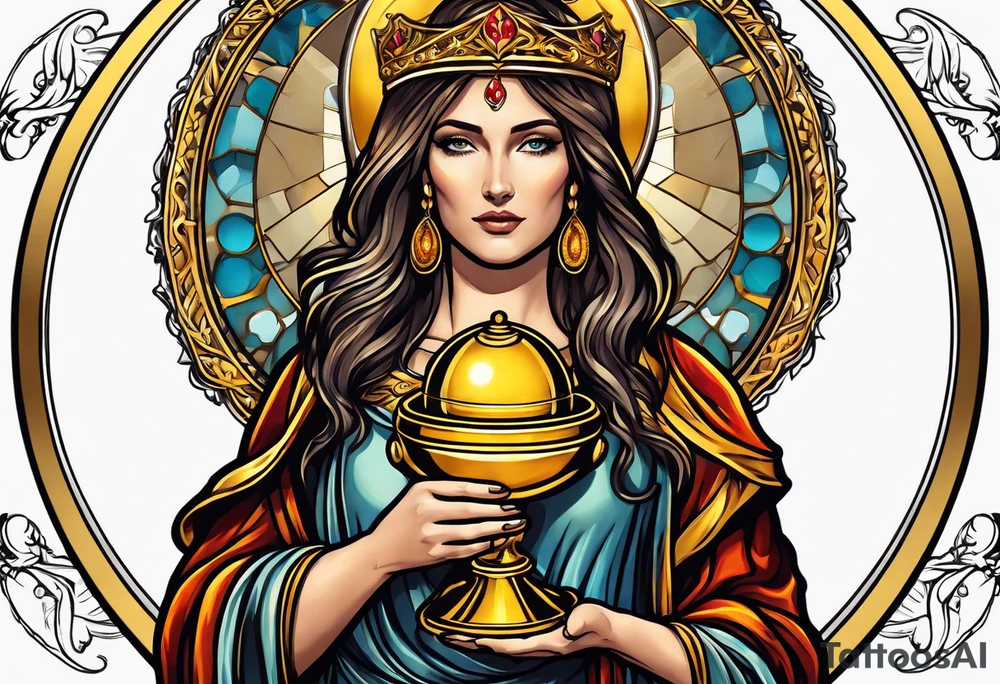 holy saint woman with golden halo holding a chalice tattoo idea