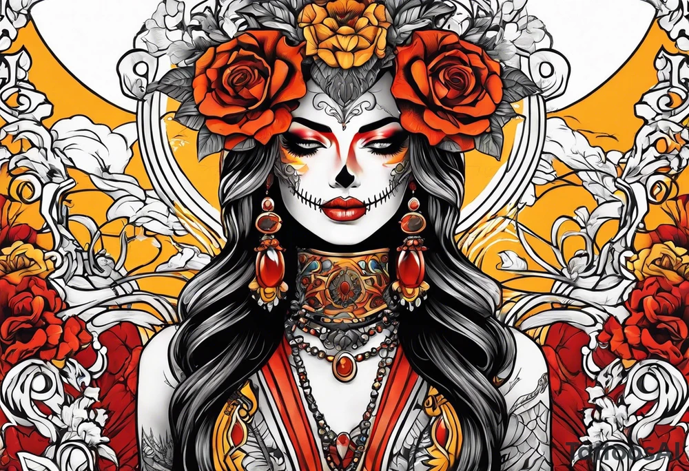 Orange, red, yellow primary colors.  Woman with skeleton head piece tattoo idea