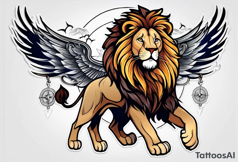 Lion with wings compass tattoo idea
