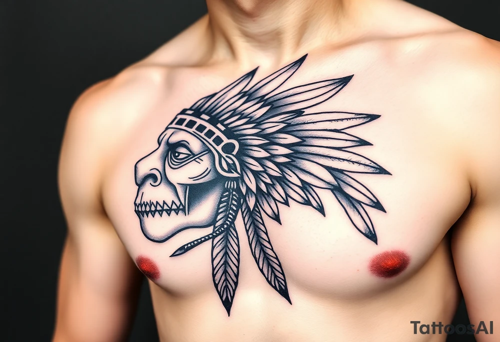 Native American chest color male left peck tattoo idea