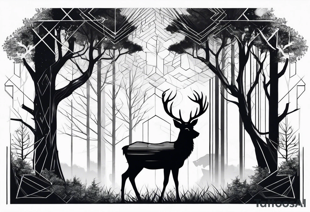 Trees with a tree stand and a deer in front tattoo idea