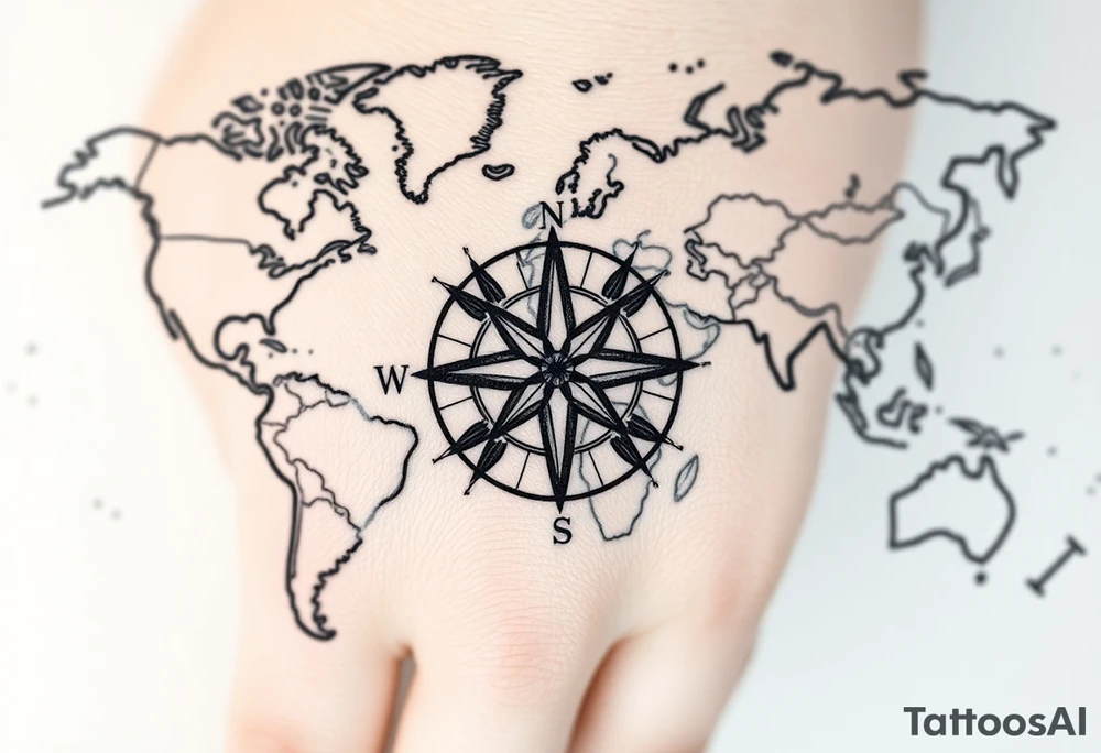 antique compass rose overlaid on weathered world map with sailing ships tattoo idea