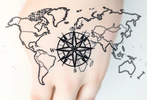 antique compass rose overlaid on weathered world map with sailing ships tattoo idea
