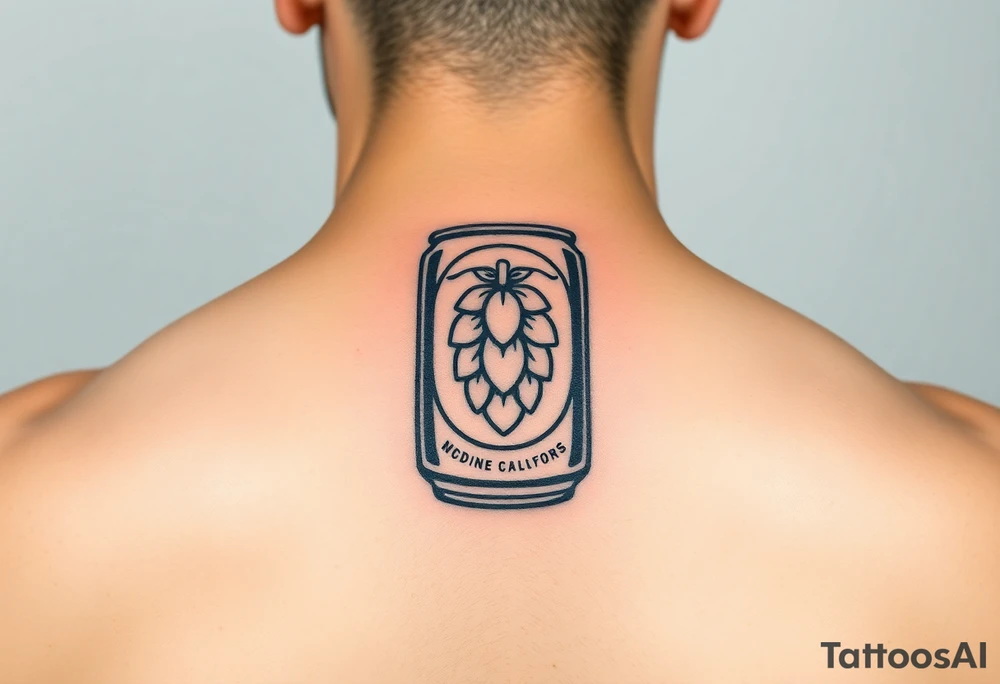 A minimalist black and gold beer can design, with vintage typography and a hop emblem, capturing a sleek and modern aesthetic tattoo idea