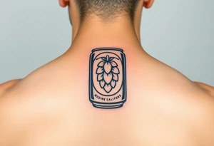 A minimalist black and gold beer can design, with vintage typography and a hop emblem, capturing a sleek and modern aesthetic tattoo idea