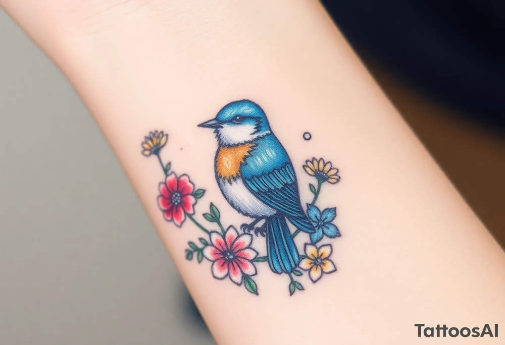 Puffy bluebird surrounded by wild flowers tattoo idea