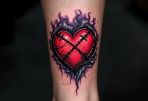 A stitched-up voodoo heart with black X-shaped stitches, surrounded by deep violet and gray smoke. tattoo idea