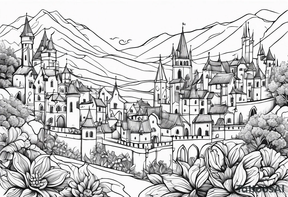 medieval tribal city 
floral  land  vignette tattoo idea