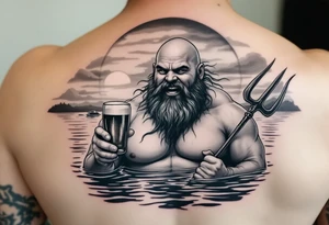 young, happy, fat, balding, poseidon in calm water, holding a trident, drinking a beer, with sunset, with ski boat, with no teeth tattoo idea