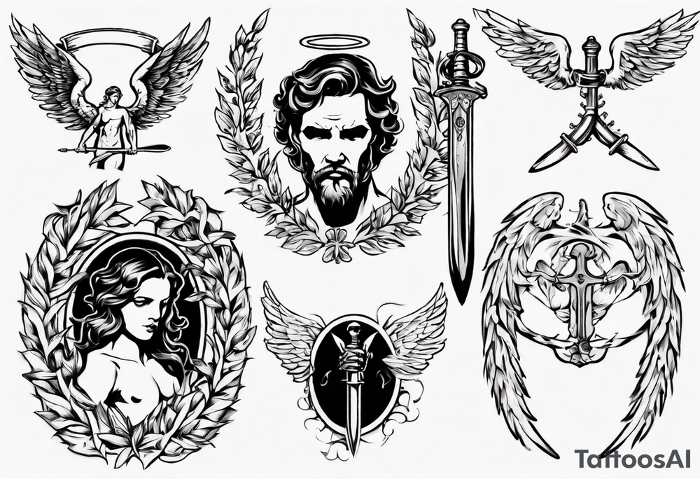 number 13, a laurel leaf wreath, and a Male angel holding sword tattoo idea