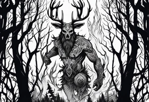 A spooky dead lore accurate wendigo surrounded by a forest fire in background tattoo idea