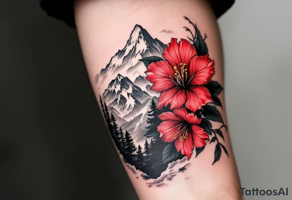 red  and black rhododendron trippy with Himalayas behind tattoo idea