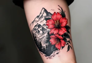red  and black rhododendron trippy with Himalayas behind tattoo idea