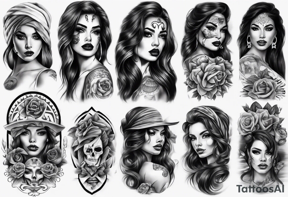 realistic chicano arm sleeve
women faces tattoo idea