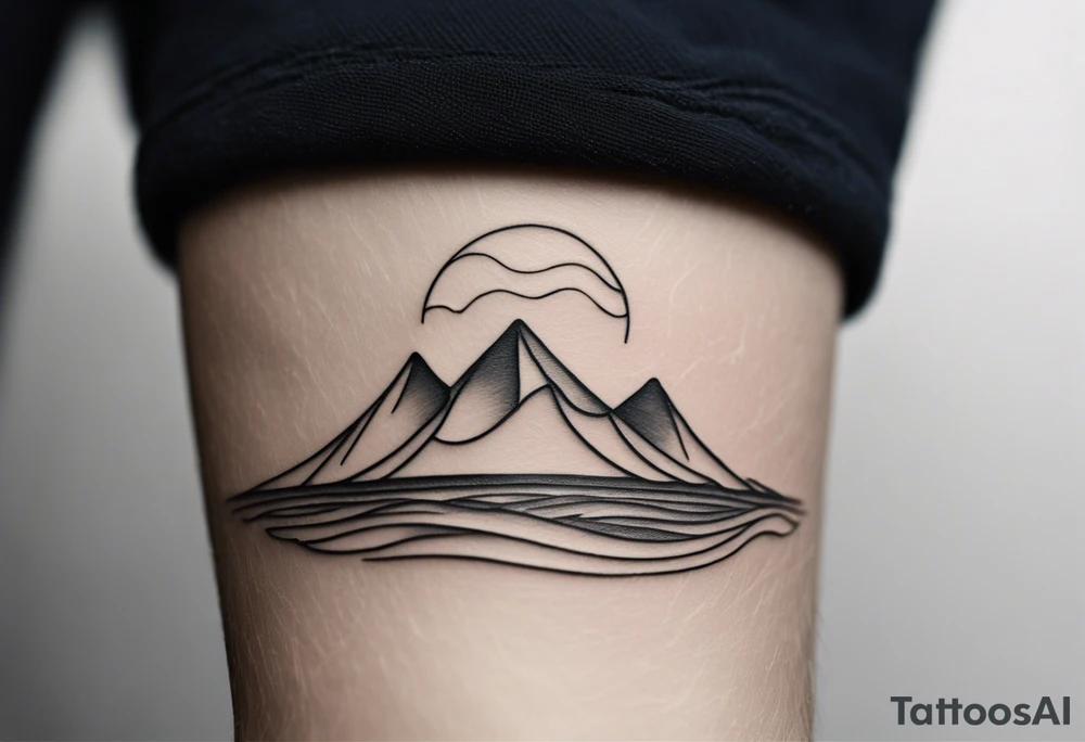 The tattoo starts at the wrist with a simple, clean line that represents the shoreline. Above this line, there are serene, rolling waves depicted in a minimalistic style—smooth curves that capture the essence of the ocean.

Moving upward, the waves gradually transition into a set of geometric mountains. These mountains are outlined with clean, straight lines, creating a sharp yet simple silhouette against the canvas of your forearm. The peaks of the mountains form a subtle V shape, symbolizing strength and resilience.

Above the mountains, a small, circular sun completes the design. The sun is composed of bold, yet uncomplicated lines, radiating simplicity and warmth. The circular shape of the sun adds balance to the overall composition, creating a harmonious blend with the waves and mountains. tattoo idea
