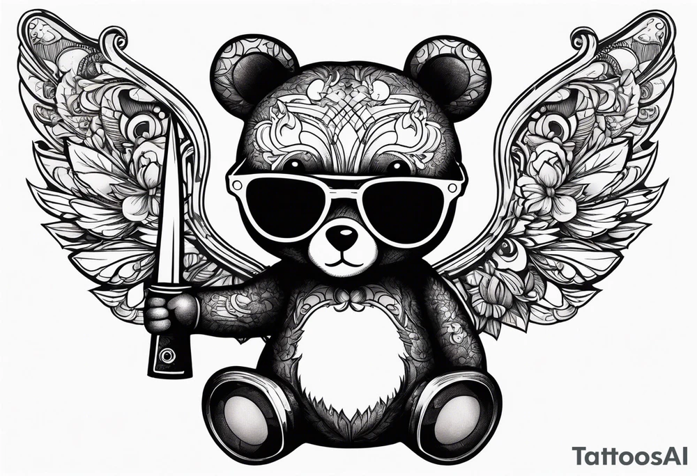 Teddy bear with wings wearing big sunglasses holding a tool tattoo idea