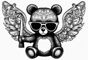 Teddy bear with wings wearing big sunglasses holding a tool tattoo idea