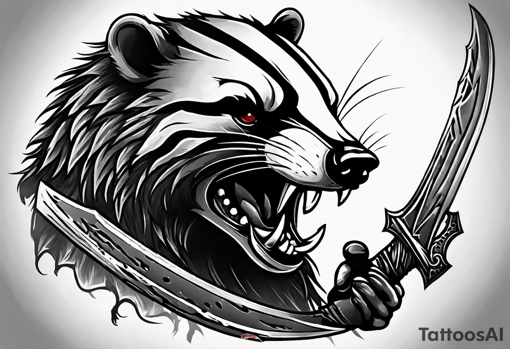 Draw me psychopath Badger/Gladiator with aggressive full body, killer face with a scary smile, very long nails and he attacks like a Bloody Assassin to us and also, he has very deadly looking. He fights with his nails. Everybody scares after their first sight. Give me horror type Badger Tattoo. I want to see his Realistic full body. tattoo idea
