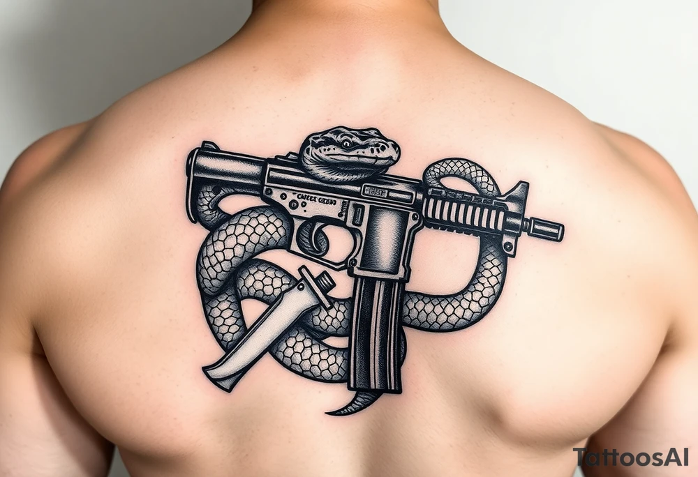 Snake wrapped around gun and knife tattoo idea