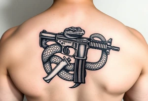 Snake wrapped around gun and knife tattoo idea