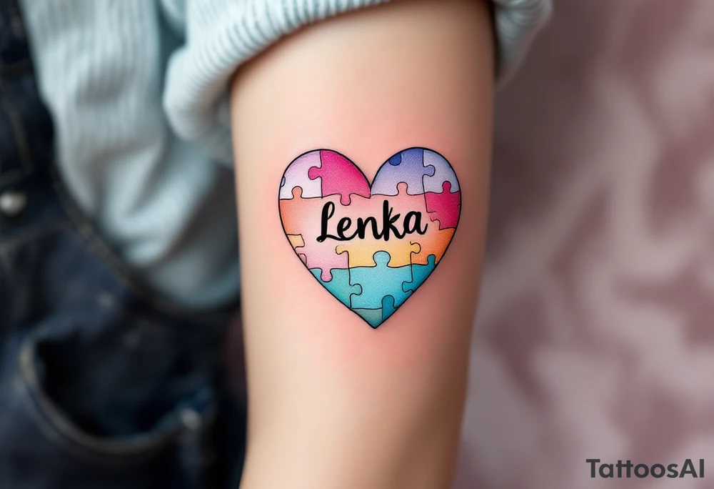 A heart made of puzzle pieces, each piece a different pastel, with name Lenka in the center. tattoo idea