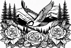 Rocky mountain peak with mountain blue birds and monarch butterflies with wild prairie roses for a half sleeve tattoo idea