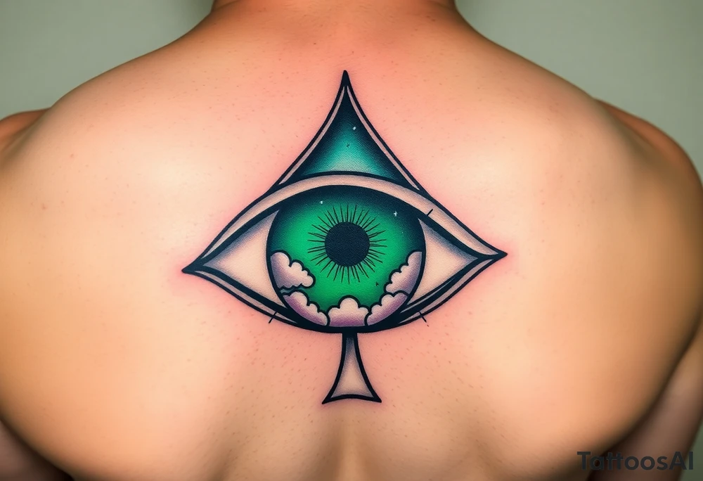 Large outline of an eye almond shaped with the eyeball part shaped like an ace of spades + eyecolor greenish blue with a crescent moon stars and clouds inside of the spade eyeball using vivid colora like green purple and blue tattoo idea