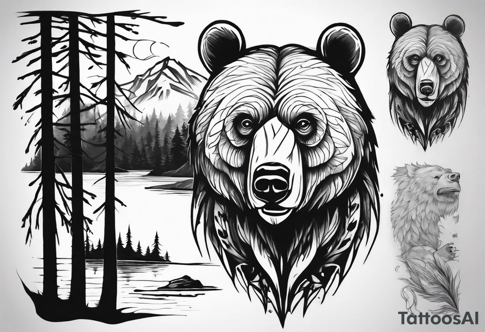 bear head right above the forest line with a lake below, full arm sleeve tattoo tattoo idea