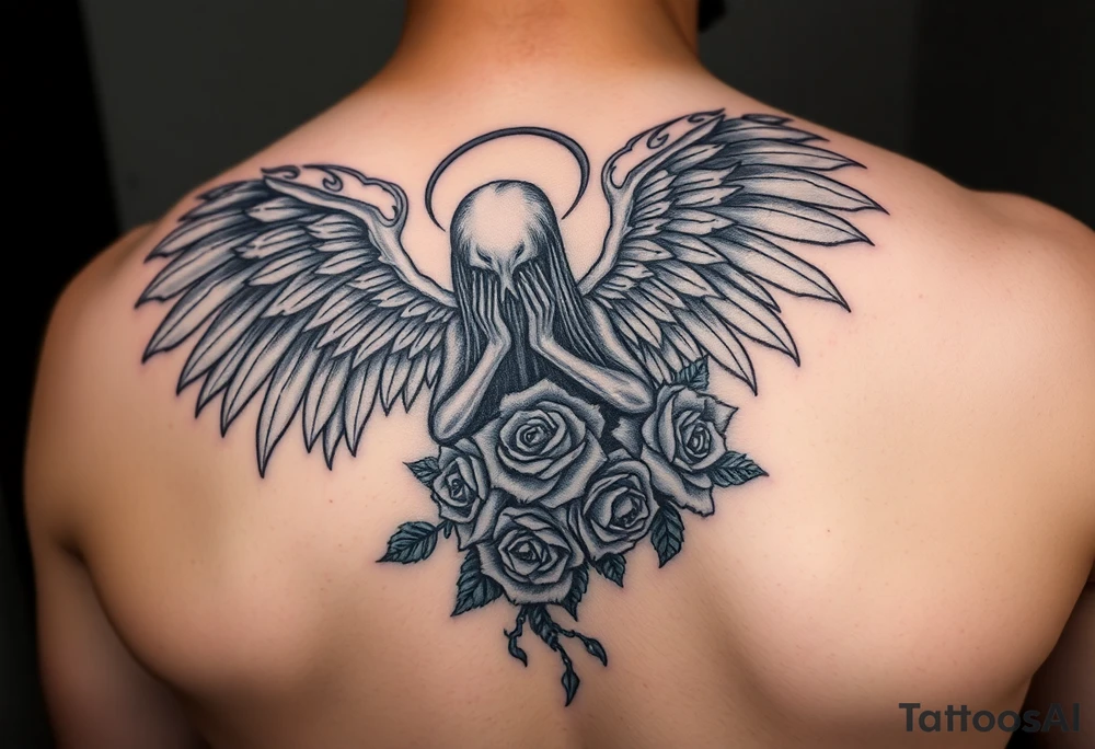 Dark fallen angel with roses tattoo idea