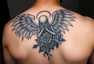 Dark fallen angel with roses tattoo idea
