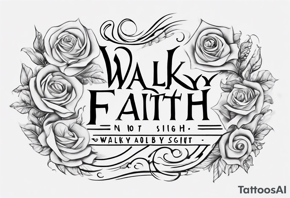 envision a horizontal placement of the quote “walk by faith, not by sight” with an elegant script font. Integrate a subtle stairwell wrapping around the quote. This design captures the essence of the journey guided by faith. tattoo idea