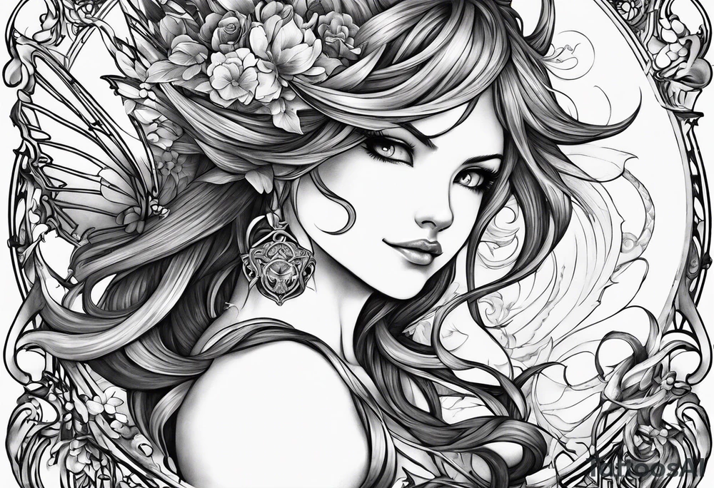 A fairy with a tail inspired by the logo of the show called Fairy Tail in a fetal position leaning in tattoo idea