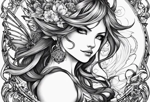 A fairy with a tail inspired by the logo of the show called Fairy Tail in a fetal position leaning in tattoo idea