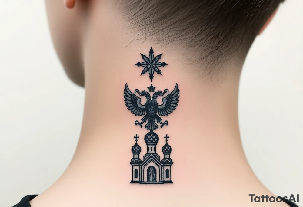 Stacked Vertical Column 

Russian star — small, bold
Middle: Miniature double-headed eagle — simplified, cleaner lines to suit the smaller space
Bottom: Orthodox church dome(s) with a small Virgin Mary silhouette beneath tattoo idea