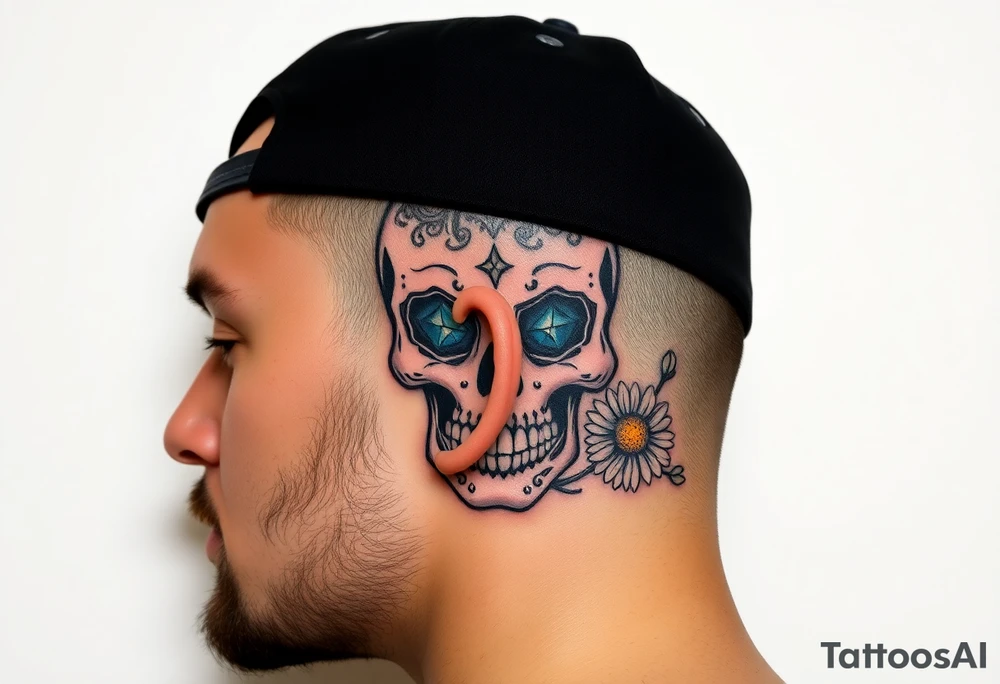 Masculine sugar skull with diamond gemstone eyes and daisy tattoo idea