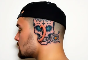 Masculine sugar skull with diamond gemstone eyes and daisy tattoo idea