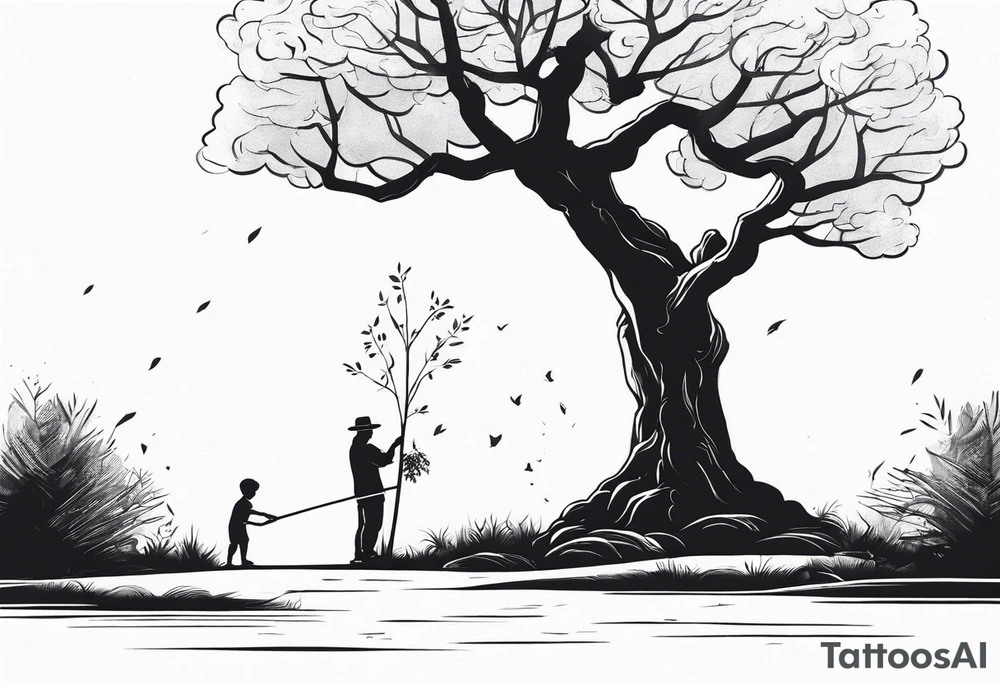 Old man planting a tree. Alongside a young boy playing under a full grown tree. tattoo idea