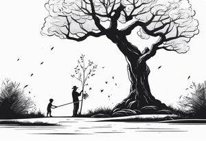 Old man planting a tree. Alongside a young boy playing under a full grown tree. tattoo idea