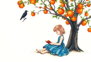 A blond little girl wearing a blue dress sitting under a orange tree while reading a book.a raven on top of a tree branch watching her. 


. tattoo idea