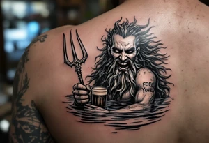 laughing poseidon, with a trident, in calm water, holding a beer tattoo idea