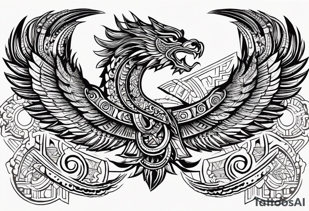 Design a masculine and fierce right chest tattoo of Quetzalcoatl, the Aztec feathered serpent god. Make Quetzalcoatl appear in mid-flight, with his powerful, feathered body coiling dynamically across the chest. His face should have sharp, intense features, with fierce, piercing eyes and serpent fangs bared. Incorporate traditional Aztec geometric patterns, like jagged lines and spirals, in the wings and tail, to emphasize strength and power. Use bold, black ink with subtle shading to give depth and texture, while ensuring the design stays sharp and aggressive. The feathers should appear sharp and stylized, giving an aura of both wisdom and danger. Refrence real illustrations in the Aztec culture tattoo idea