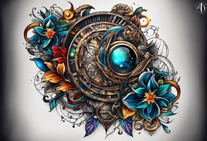 A tattoo design representing the interconnectedness of art, history, and cosmology, with elements of each intertwined in a visually striking way, tattoo idea