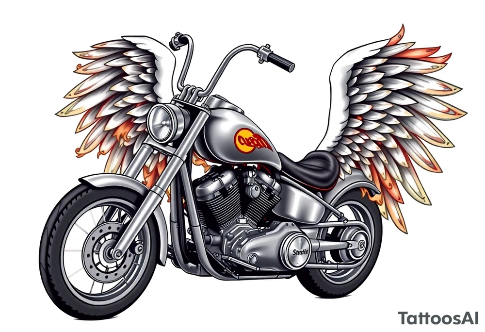 Low rider grey motorcycle, flames, angel wings tattoo idea
