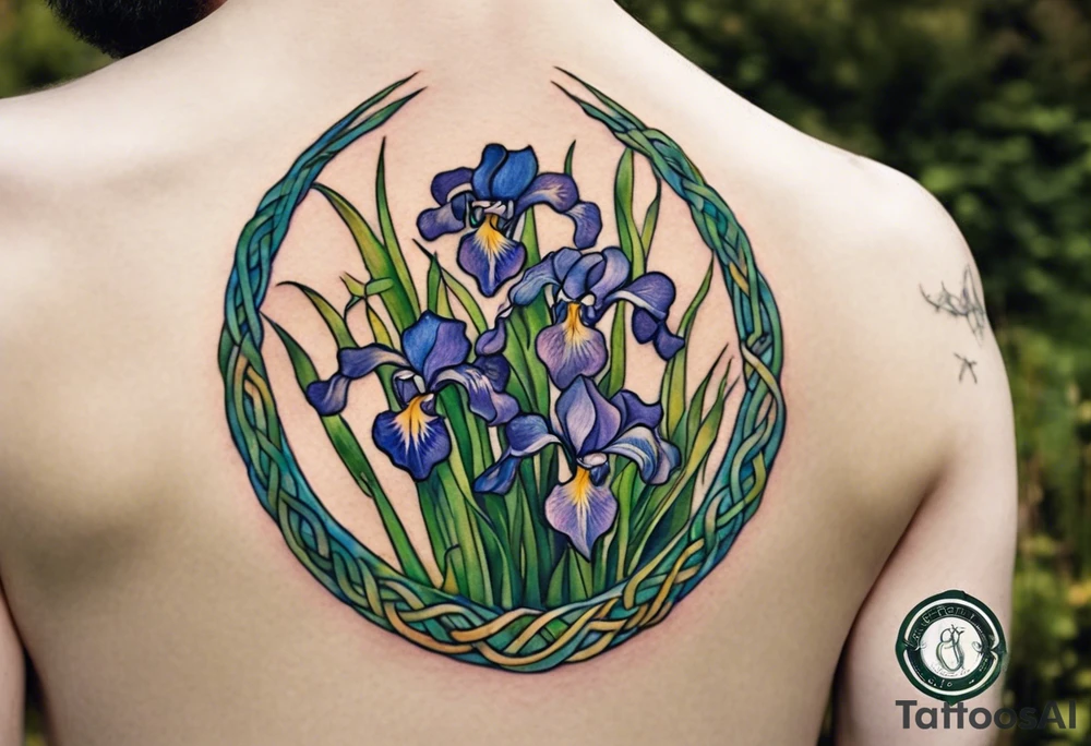 Create a colorful small Vincent van Gogh Irises tattoo with Celtic knots. The tattoo should take the form of a crescent, with vines gracefully intertwining at a central point in the middle of the wreath. Ensure that the design avoids the appearance of a bush and maintains a more structured and deliberate arrangement. The intended placement is on the upper chest. The overall design should be small in size while maintaining a delicate and artistic aesthetic. Pay attention to the graceful flow of the vines and the placement of the irises to achieve a refined and elegant look tattoo idea